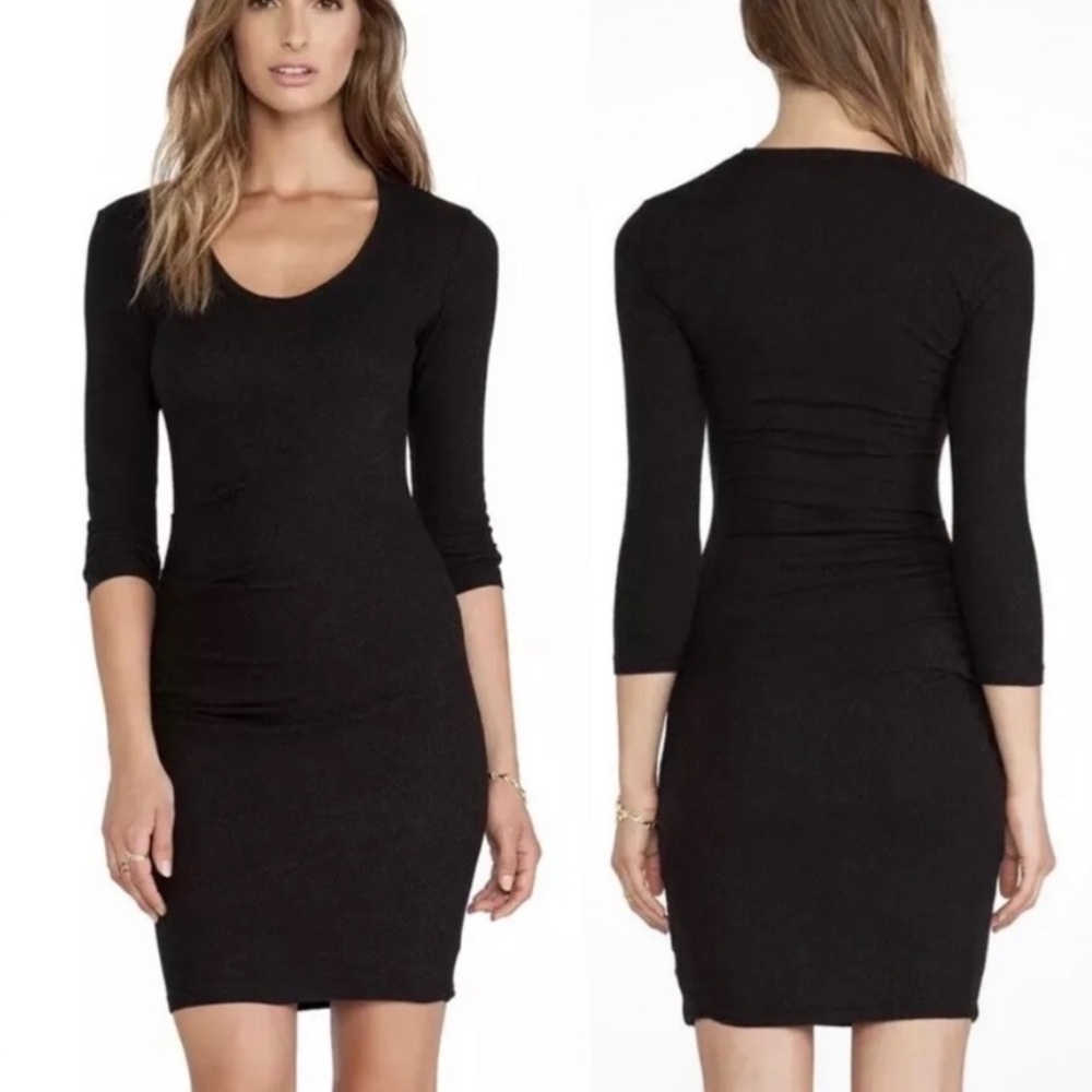 JAMES PERSE | Skinny Tucked V Neck Knee- Length Dress in Black | 4 (XL)